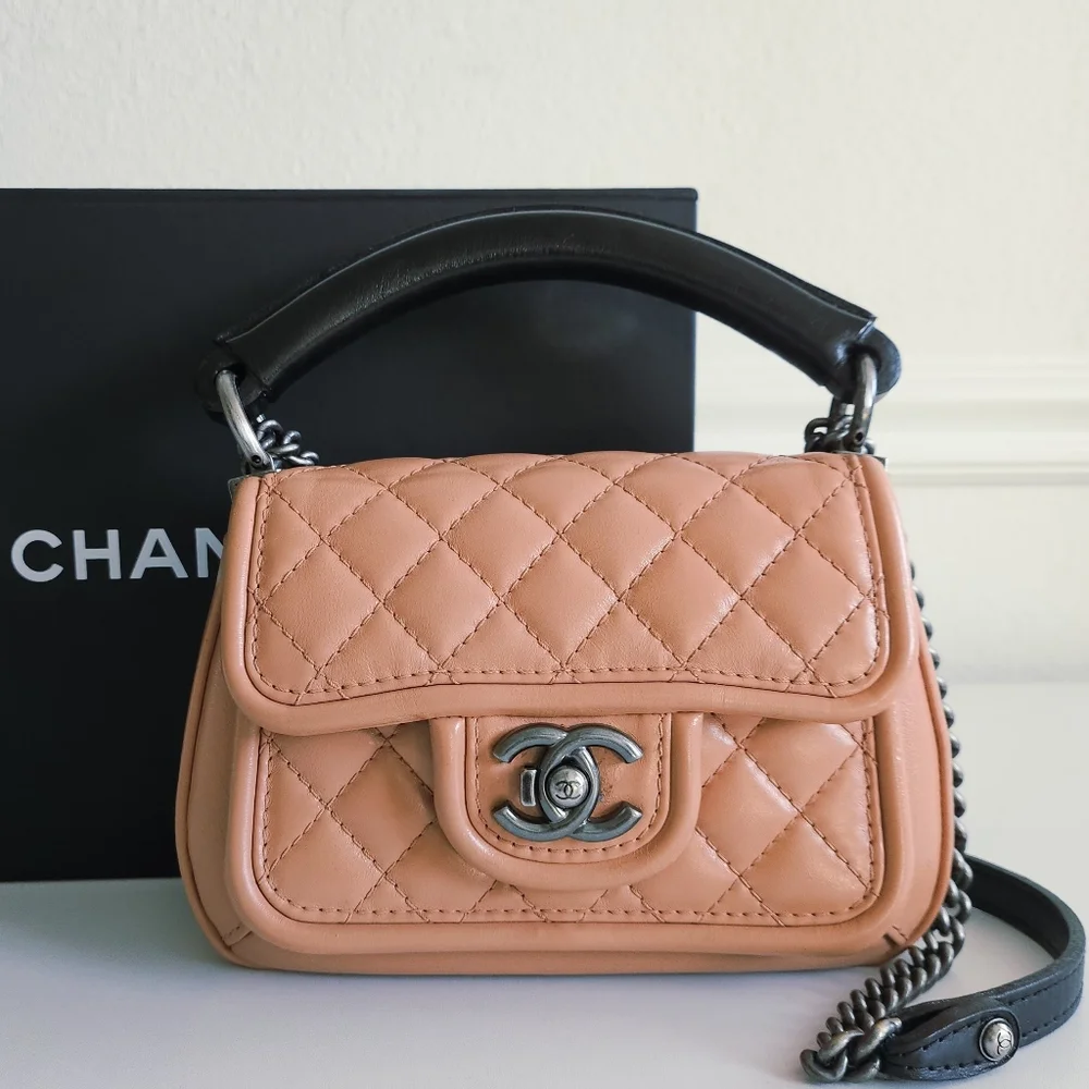 Chanel Peach Quilted Top Handle Flap Bag